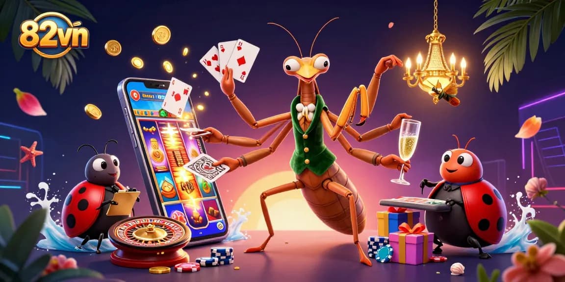 Experience thrilling gameplay at 82vn with a cartoon praying mantis dealer creating excitement at the casino.