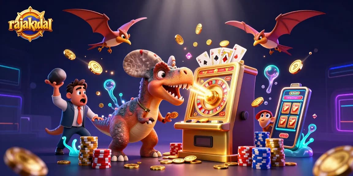 Slot jackpot dengan rajakadal, dinosaurus memukul mesin slot, menarik koin emas melayang.