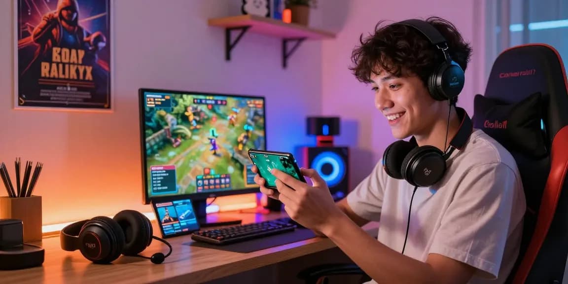 Player enjoying the Rollex11 mobile gaming app in a colorful gaming nook with vibrant graphics.