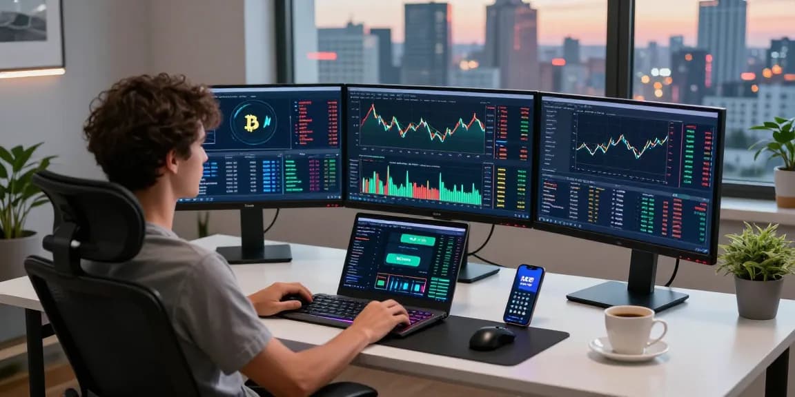 Play exchange cryptocurrency trading monitors and devices highlighting blockchain interactions