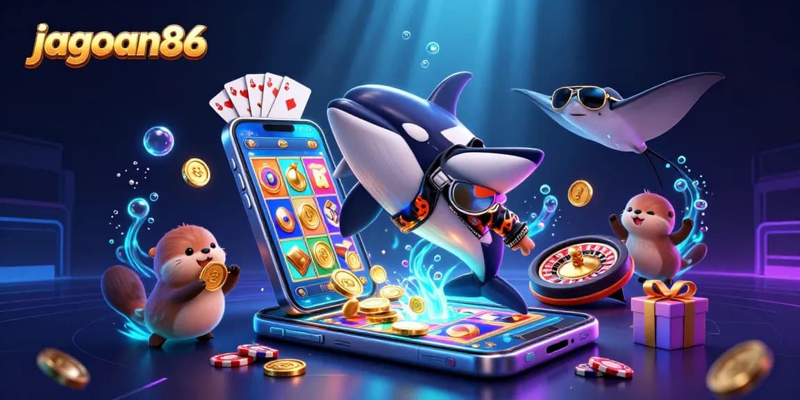 Engaging illustration showcasing jagoan86's vibrant casino scene with characters enjoying golden wins.