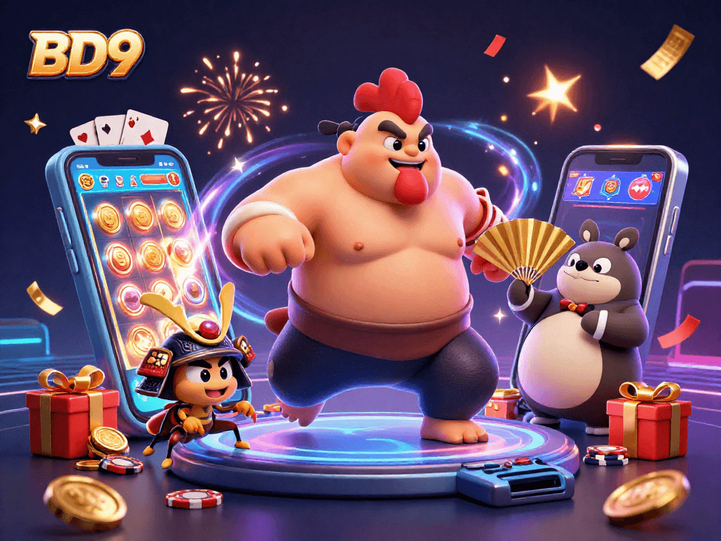 Experience dynamic gaming action at BD9 with a powerful sumo rooster in a vibrant casino setting.