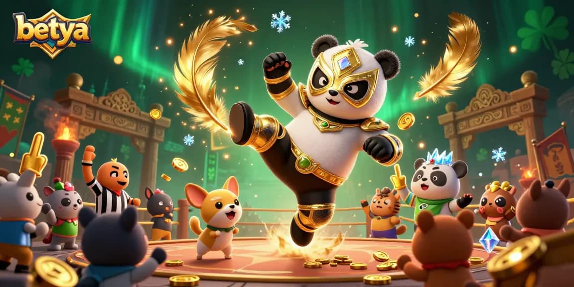 Betya action scene with a wrestling panda and animal spectators surrounded by casino-themed elements.