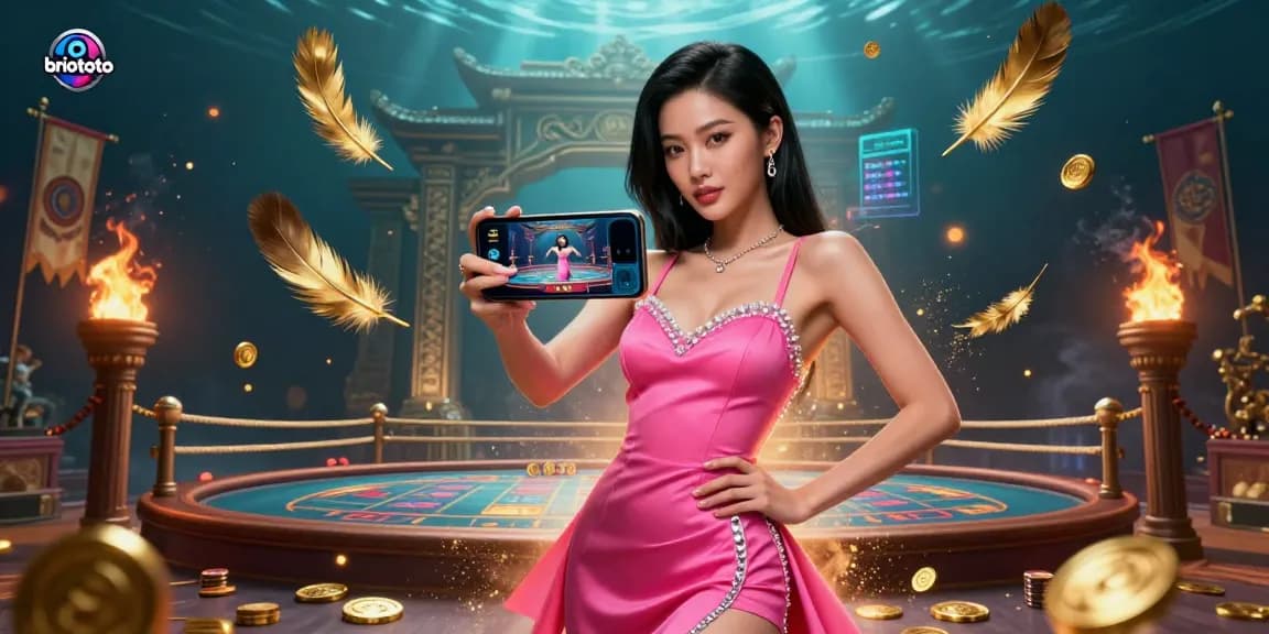 Briototo enhances excitement with a stunning Asian woman showcasing a live dealer casino game on her smartphone amidst a vibrant gaming atmosphere.