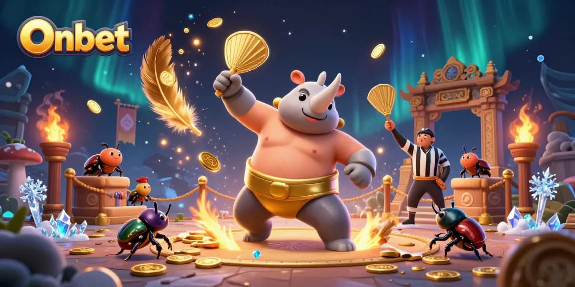 Experience winning moments at Onbet with a rhinoceros beetle sumo champion amid a dynamic casino scene.