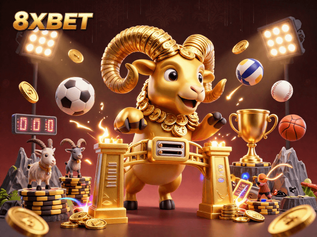 Engage with 8XBET by experiencing thrilling sports betting alongside cartoon gold ram in a vibrant casino.