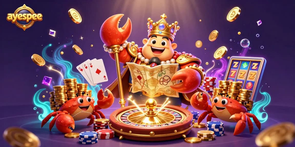 Permainan slot menarik di ayespee, sobekan koin emas dan kartu poker menghiasi suasana kasino bawah laut.