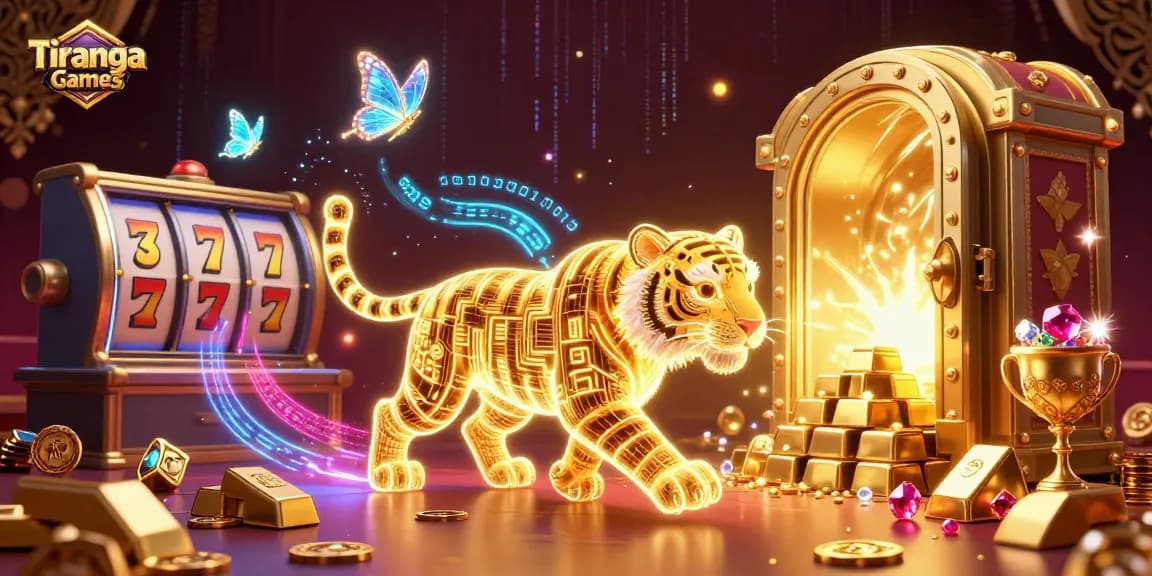 Tiranga Games showcases a vibrant encounter between a golden tiger and holographic butterflies in a digital casino.