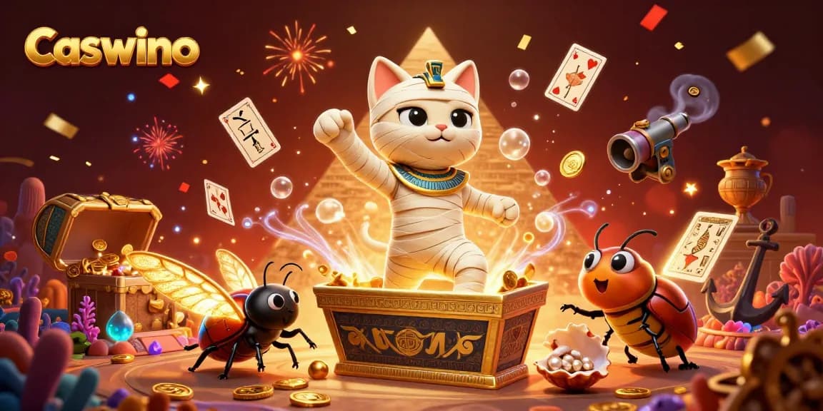 Experience Caswino's thrilling gaming atmosphere with a vibrant illustration of casino-themed characters.