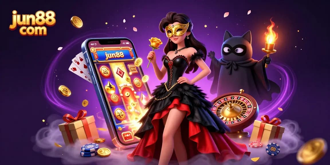Experience the thrill of gaming with jun88 com featuring a vibrant 3D illustration of casino elements and characters.