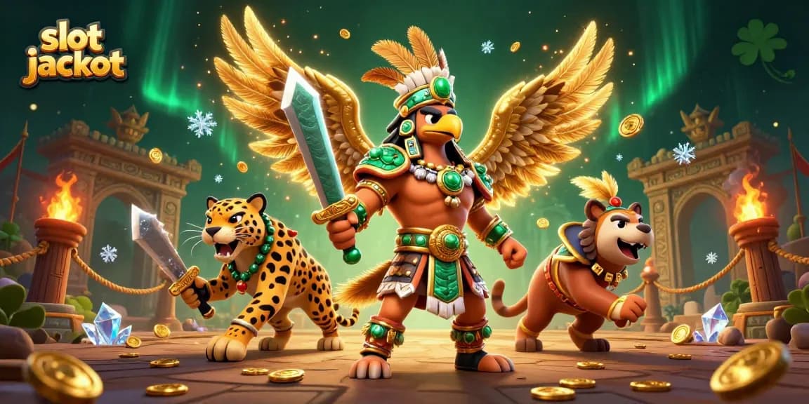 Menangkan slot jackpot dengan pertarungan karakter Aztec dan jaguar di arena judi yang megah.