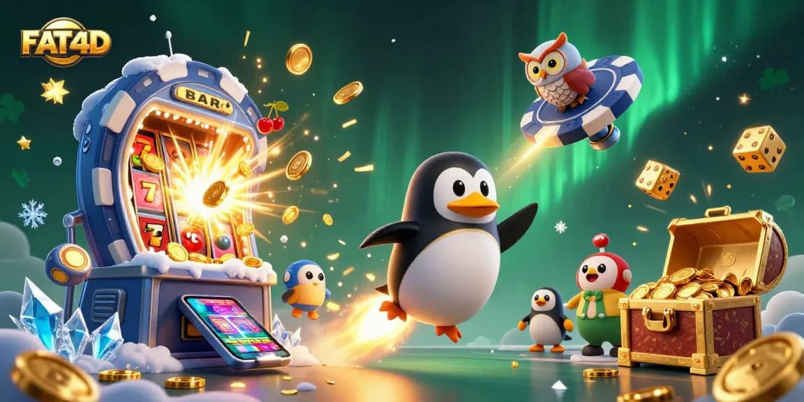 Experience thrilling excitement with FAT4D's golden penguin racing toward a jackpot-filled casino