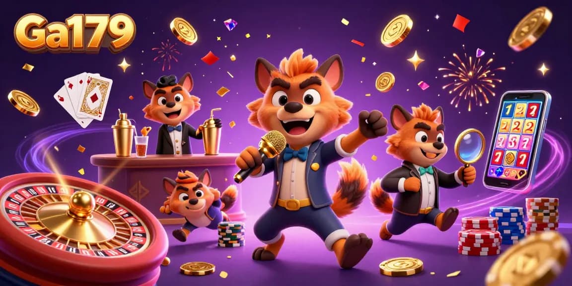 Experience thrilling gameplay with Ga179 at a vibrant casino scene featuring humorous hyenas.