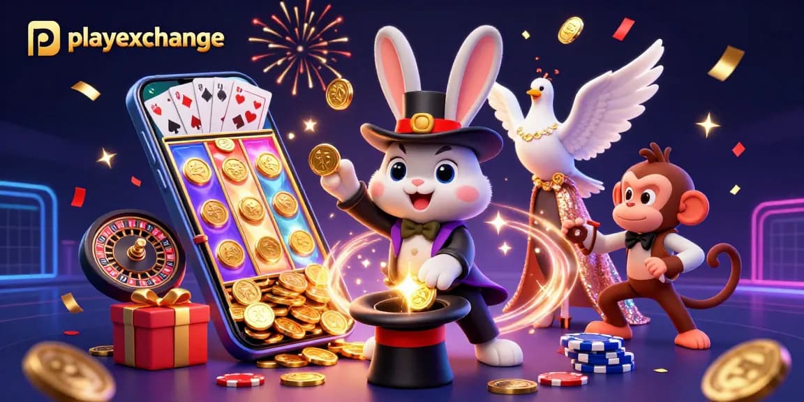 Experience vibrant playexchange action with dynamic characters, casino elements, and magical sparks.
