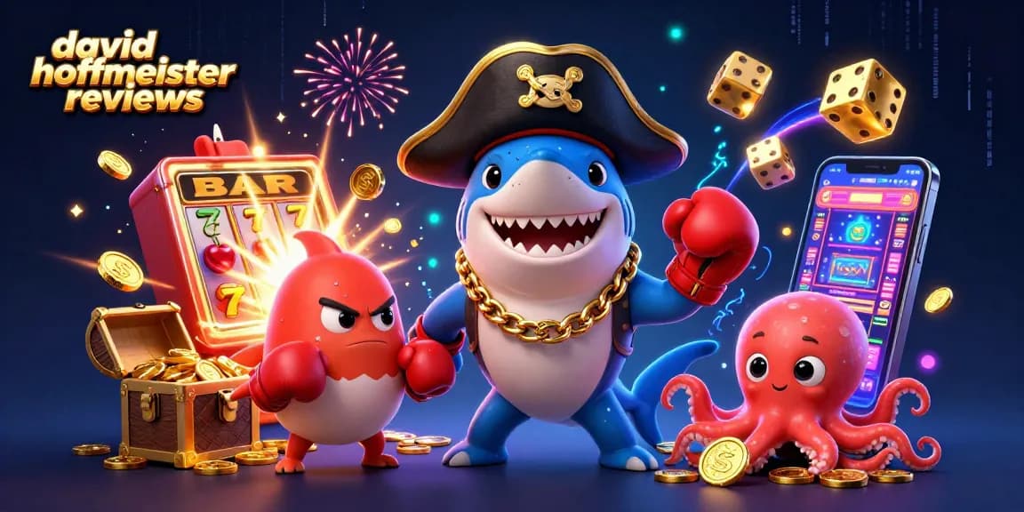 Experience david hoffmeister reviews with vibrant, engaging casino-themed 3D illustration showcasing a shark, pufferfish, and octopus