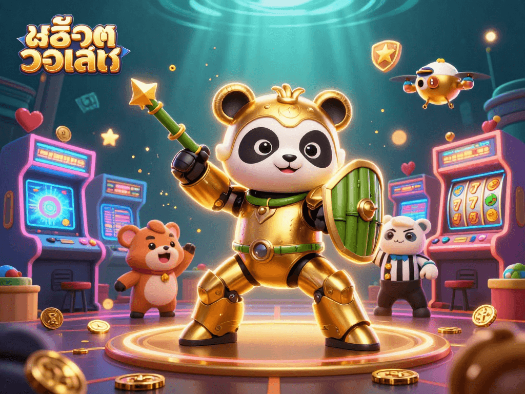 Engage and win with สล็อตวอเลท as the mech-suit golden panda battles through a vibrant casino arena!