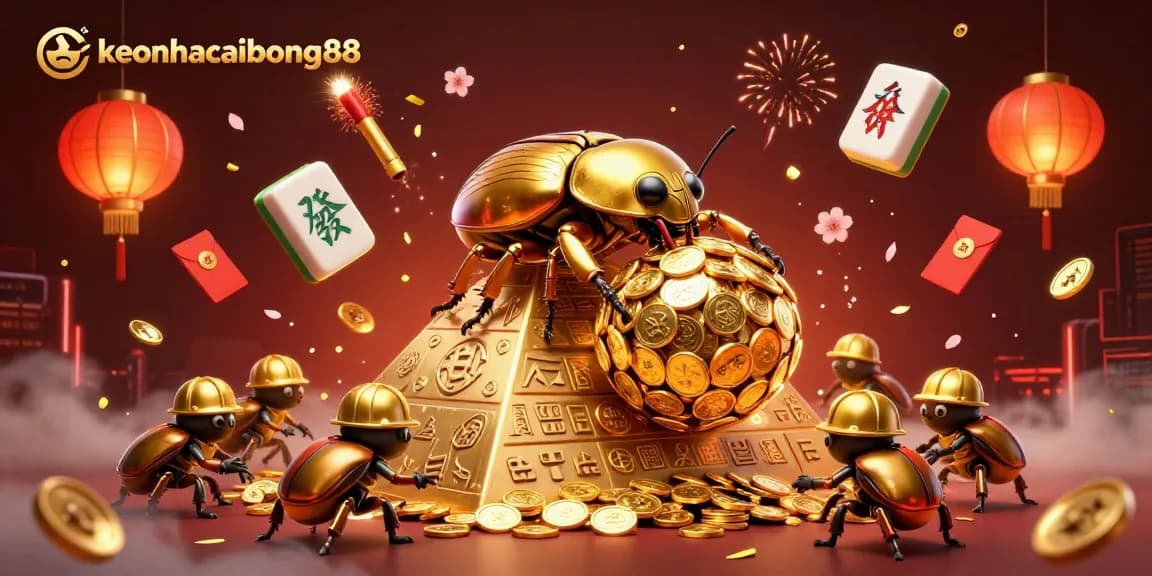 Engage with keonhacaibong88 through a captivating scene of beetles rolling golden coins in a lively casino atmosphere.