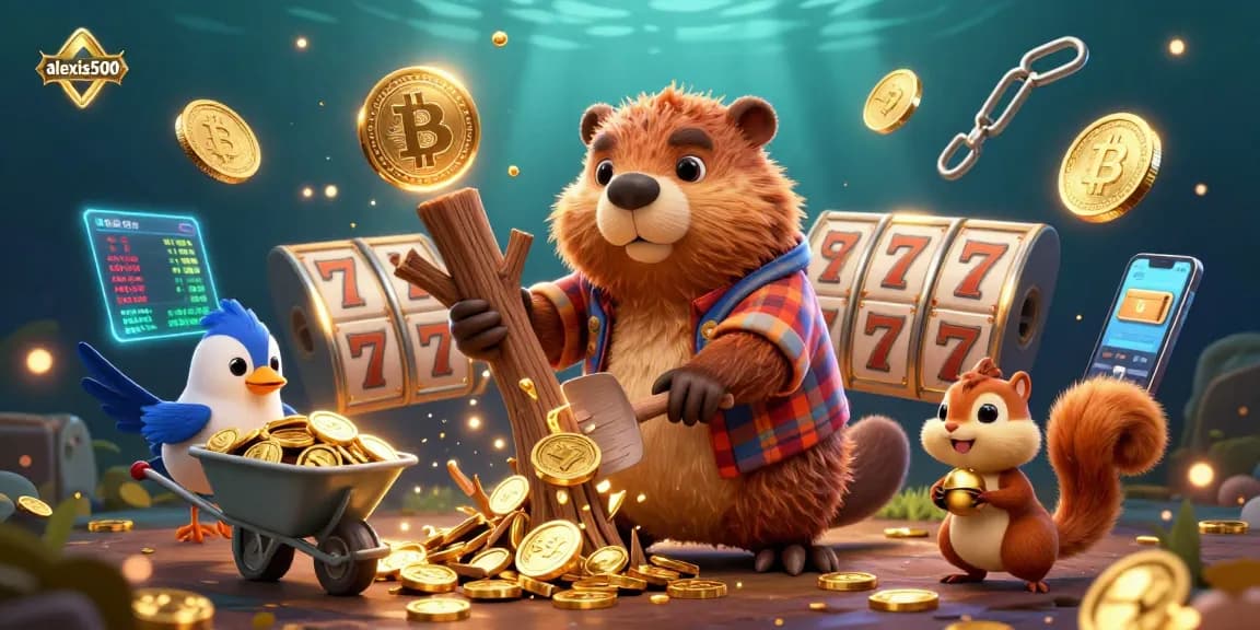 Engage with exciting slots at alexis500 while a beaver and friends gather coins in a vibrant casino scene.