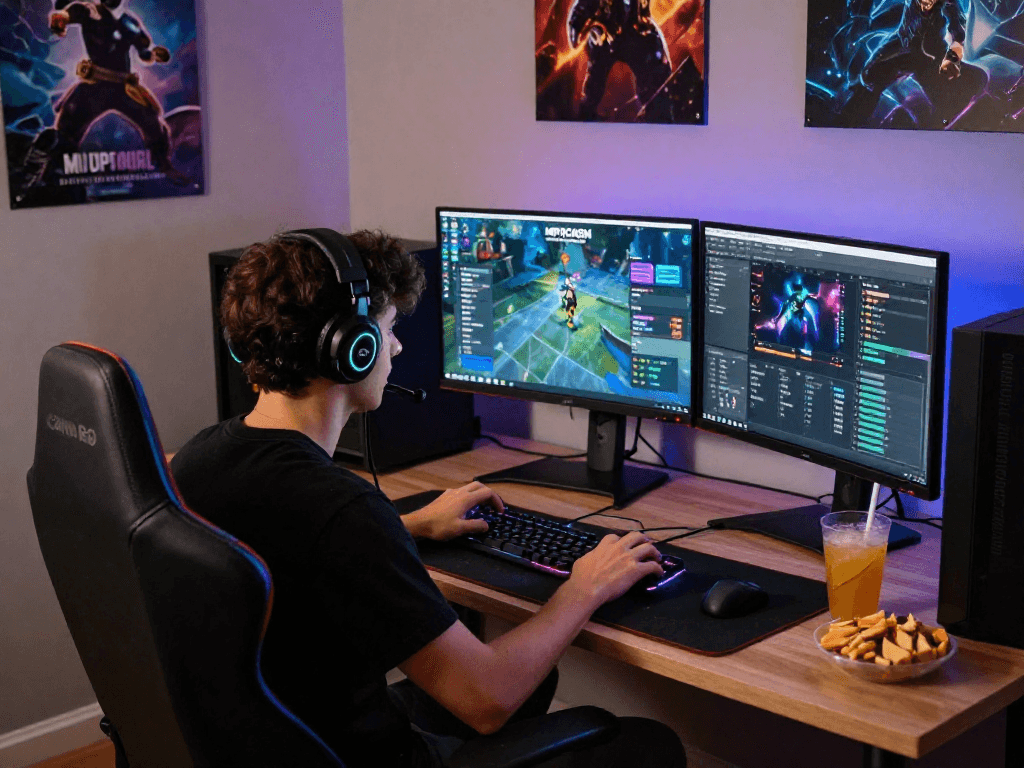 MPOCASH gaming scene showcasing an engaged gamer using mpocash.blog for an optimal online experience, complete with vibrant setup and ambient lighting.