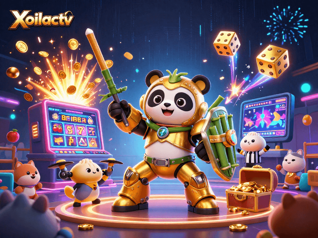 Xoilactv showcases an exciting 3D illustration of a golden panda piloting a robot in a casino theme, featuring slot machines and vibrant elements.