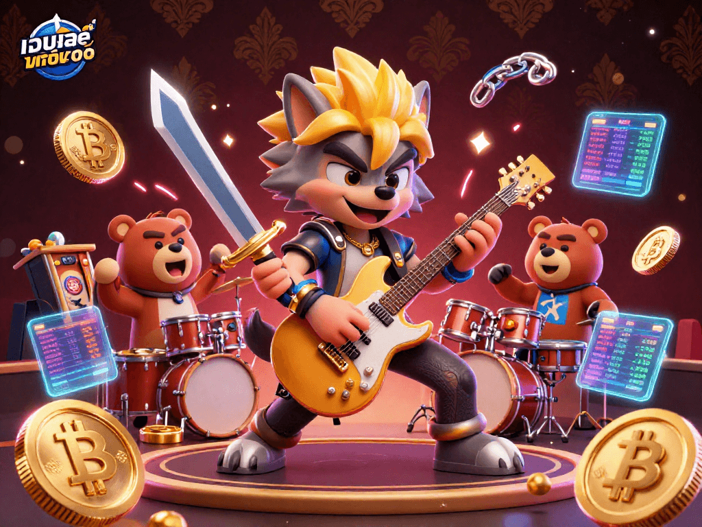 Experience เว็บสล็อต แท้ 100 เปอร์เซ็นต์ with cartoon characters embodying casino excitement and vibrant gaming elements.