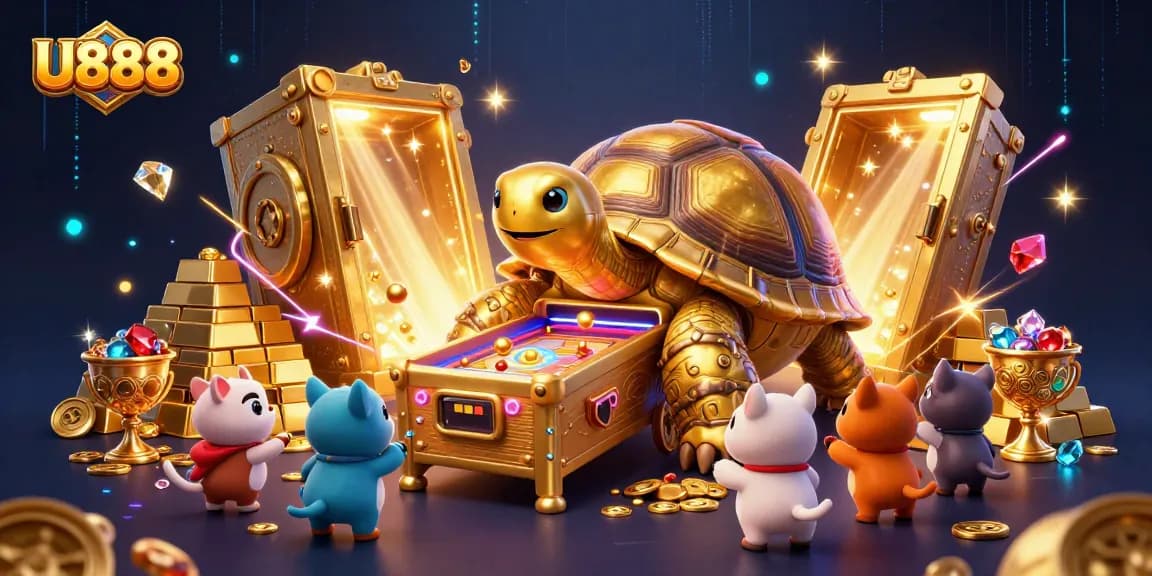 Experience thrilling gaming at U888 with our dynamic casino illustration featuring exciting elements and a golden tortoise.