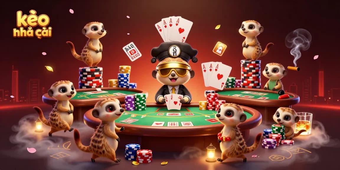 Experience kèo nhà cái with lively cartoon meerkats managing a vibrant casino scene