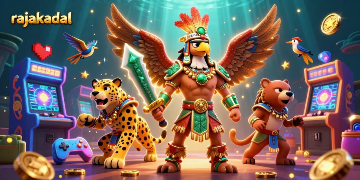 Permainan di rajakadal memperlihatkan interaksi karakter Aztec, jaguar, dan elemen kasino digital dengan cahaya cerah.