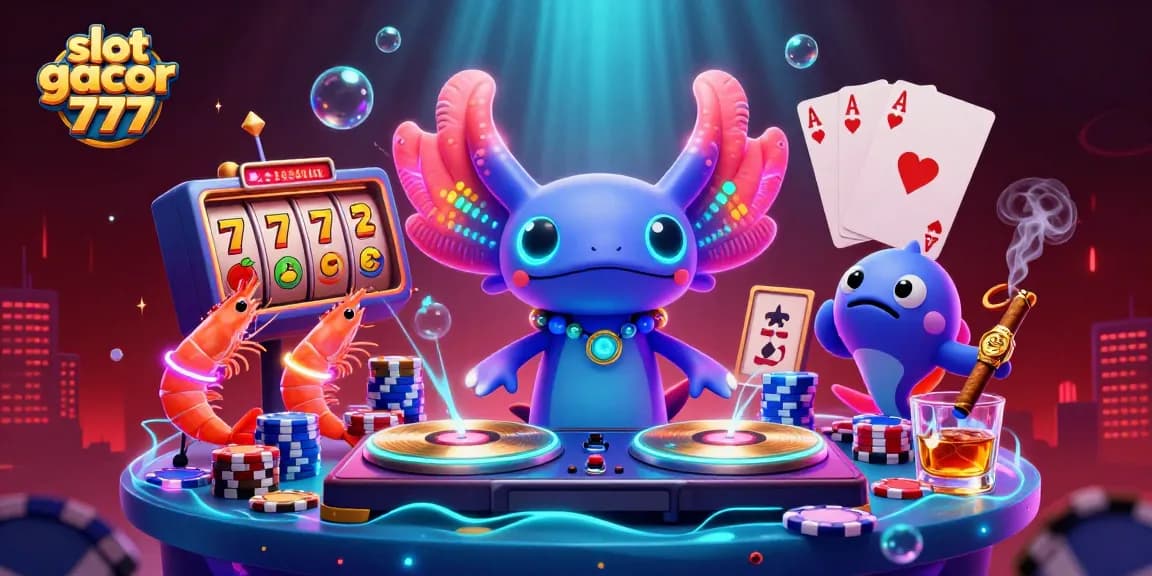 Experience vibrant slot gacor 777 action with neon axolotl DJ and colorful casino elements.
