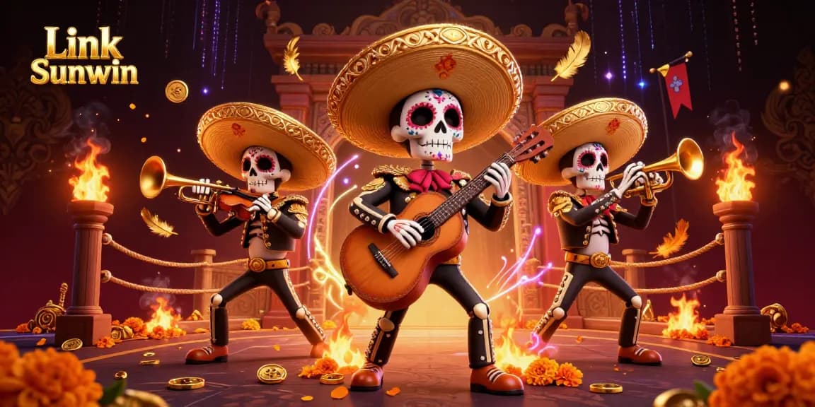 Engage in vibrant gaming excitement with Link Sunwin, featuring a mariachi band amidst a festive casino scene.
