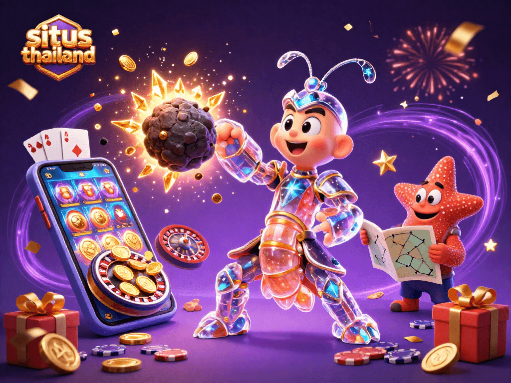 Experience big wins with situs thailand in this vivid slot gaming illustration featuring vibrant 3D characters.