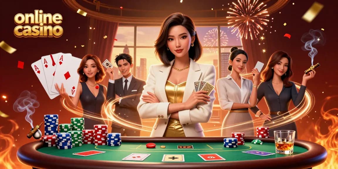 Experience thrilling online casino games with a glamorous character holding cards amidst vibrant celebrating elements.