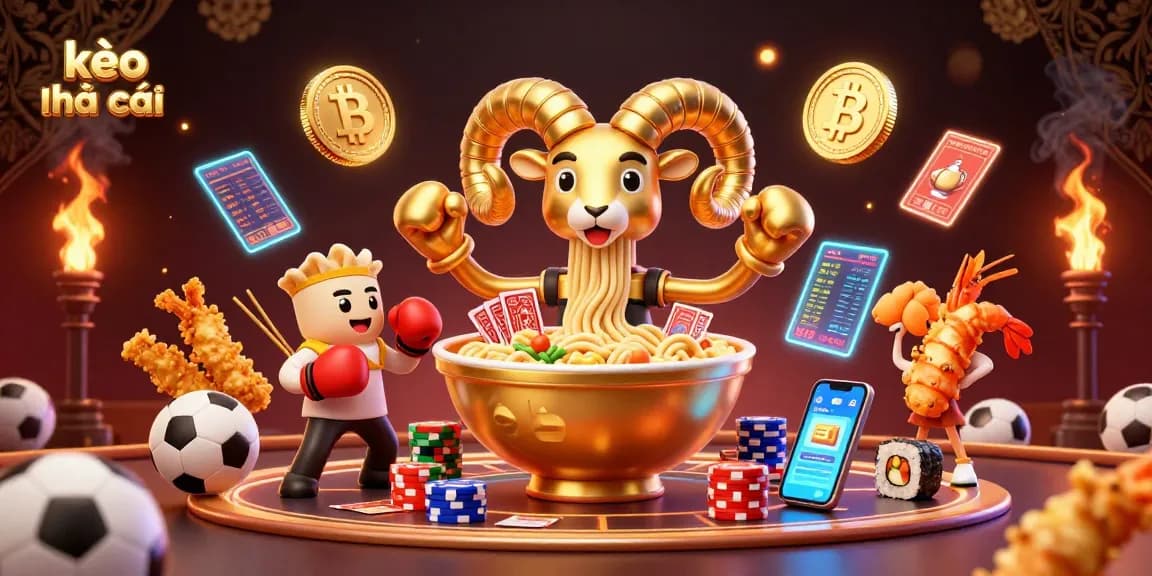 Bet on kèo nhà cái through an exciting scene featuring a giant ramen bowl dealer and dynamic sports betting elements.
