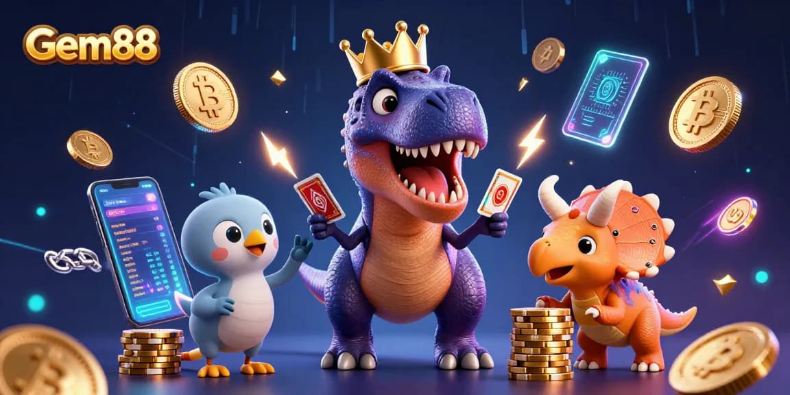 Experience the excitement at Gem88 with a cartoon T-Rex shuffling cards in a vibrant casino scene.