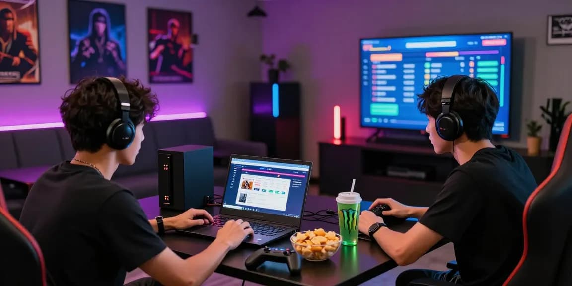 Pajaktoto togel gaming scene with friends sharing excitement in a modern lounge.