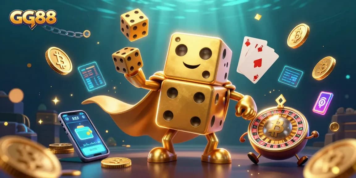 Win big with GG88 in this dynamic 3D casino illustration showcasing golden dice and vibrant crypto elements.