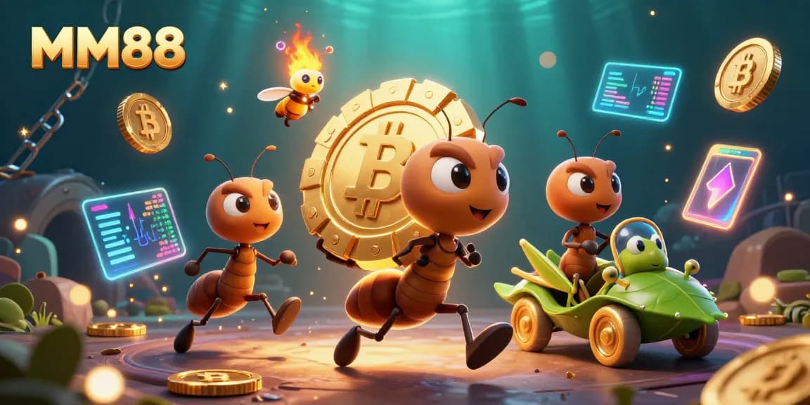 MM88 ants escape with a giant poker chip, surrounded by crypto coins and casino elements.