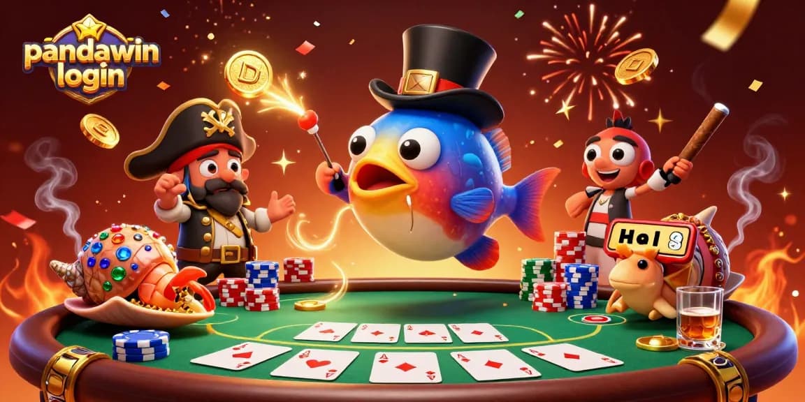 Experience the excitement of pandawin login as a 3D anglerfish, shrimp, and sea snail play poker with confetti and glowing coins.
