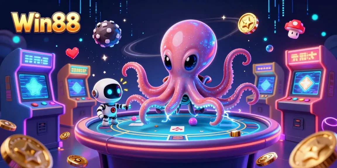 Experience thrilling games at Win88 with an alien octopus engaging at a holographic poker table.
