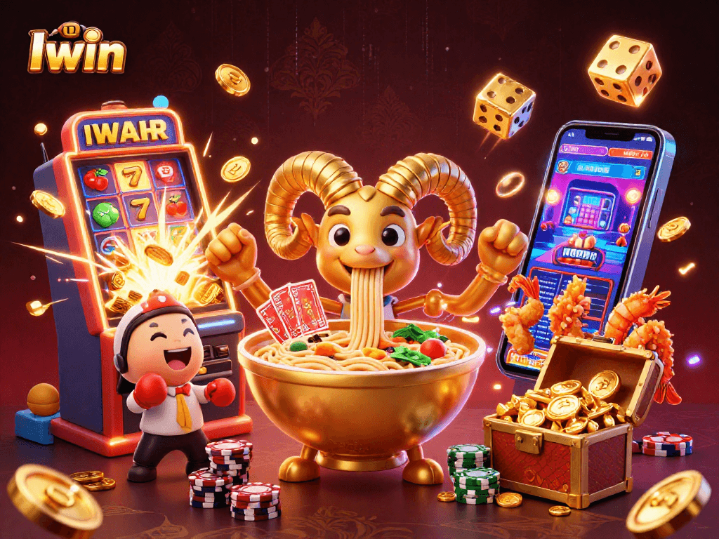 Iwin casino illustration with a vibrant ramen bowl character surrounded by slot machines and jackpots.