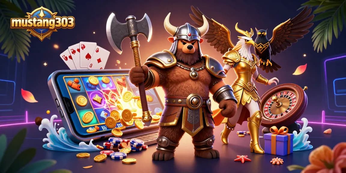 Experience thrilling gameplay with mustang303 in this vibrant 3D casino illustration packed with action.
