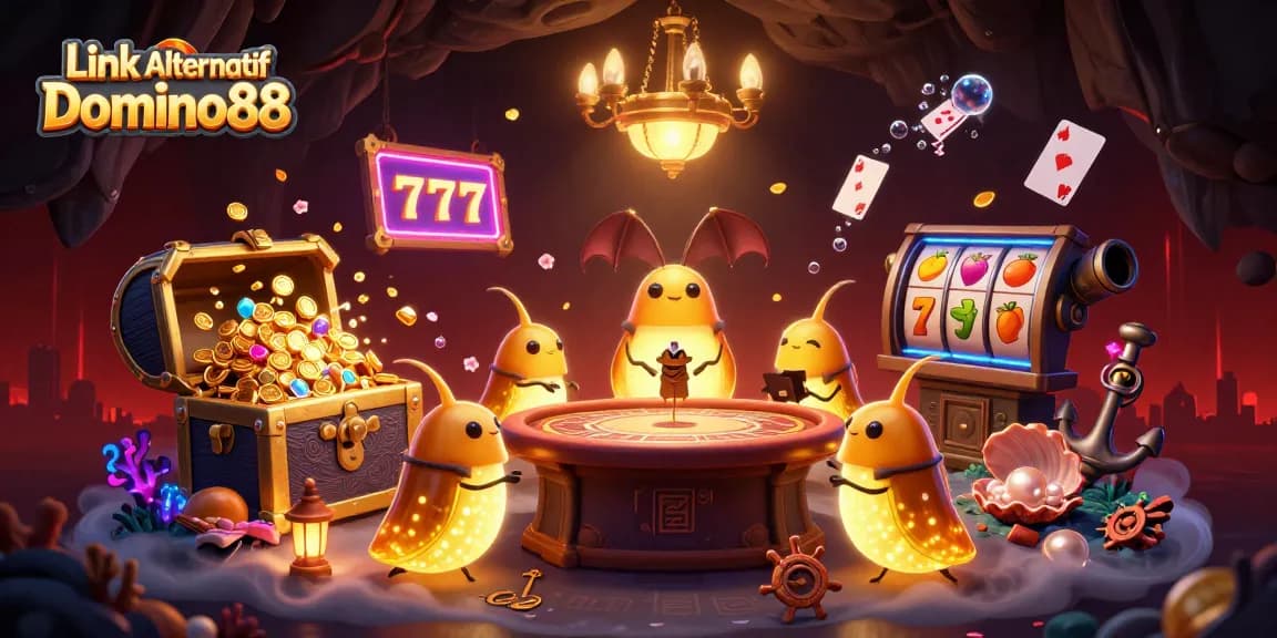 Engage with Link Alternatif Domino88 through a vibrant 3D casino scene depicting glowworms and fun gaming elements.