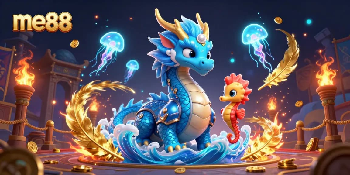 Experience vibrant gaming action at me88 with a magical water dragon, seahorse knight, and neon jellyfish.