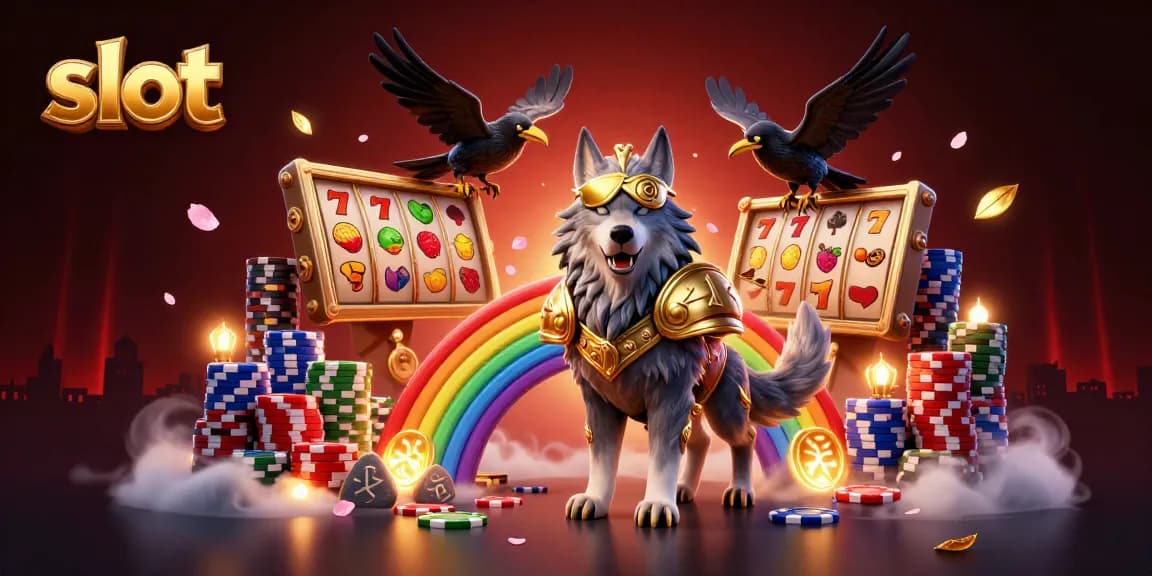 Slot gacor menampilkan Odin dan dua gagak, berlatar jembatan chip kasino.