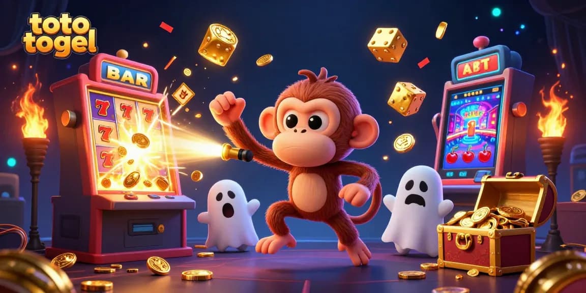 Experience exciting toto togel gaming with a mischievous monkey and ghost-hunter puppy in a vibrant casino