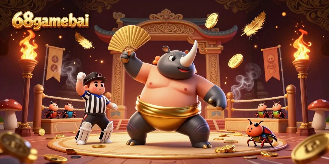 Experience the thrilling action of 68gamebai with an epic sumo beetle showdown in a vibrant casino arena.