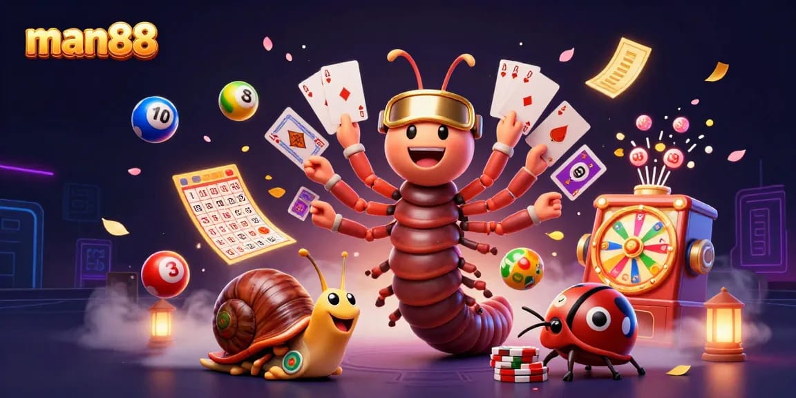 Engage with man88's vibrant 3D illustration featuring a cartoon dealer and high-roller in an exciting casino atmosphere.