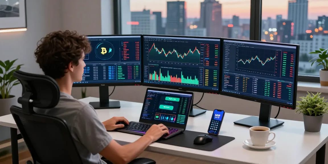 Play exchange cryptocurrency trading monitors and devices highlighting blockchain interactions