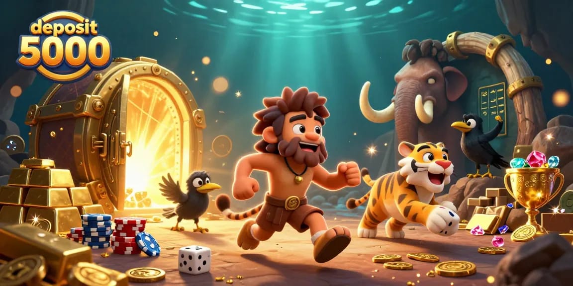 Experience thrilling gaming with deposit 5000 at a lively prehistoric casino featuring sabertooth tiger, caveman, and crow.