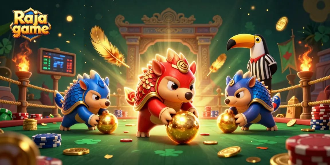 Engage in fun gameplay with Raja game featuring energetic pangolins and vibrant casino elements.